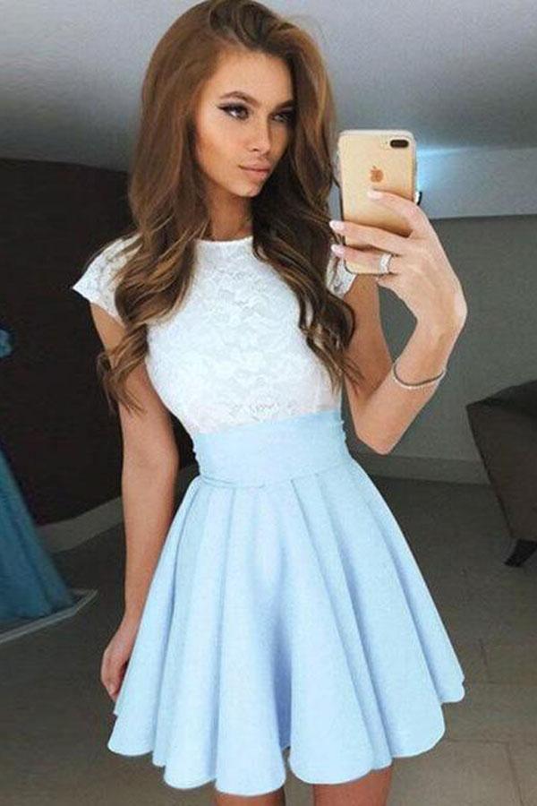 A-Linie Kurzes Chiffon-Heimkehrkleid mit Flügelärmeln und Spitze in Perlenrosa PD092