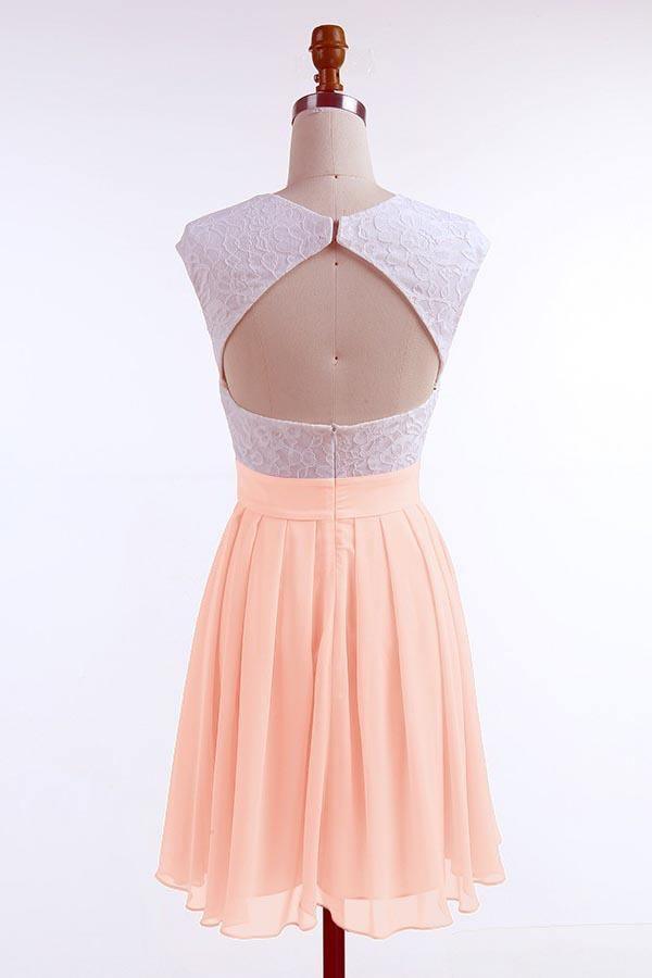 A-Linie Kurzes Chiffon-Heimkehrkleid mit Flügelärmeln und Spitze in Perlenrosa PD092