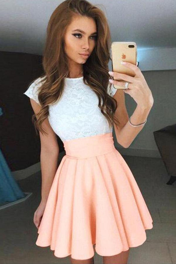 A-Linie Kurzes Chiffon-Heimkehrkleid mit Flügelärmeln und Spitze in Perlenrosa PD092