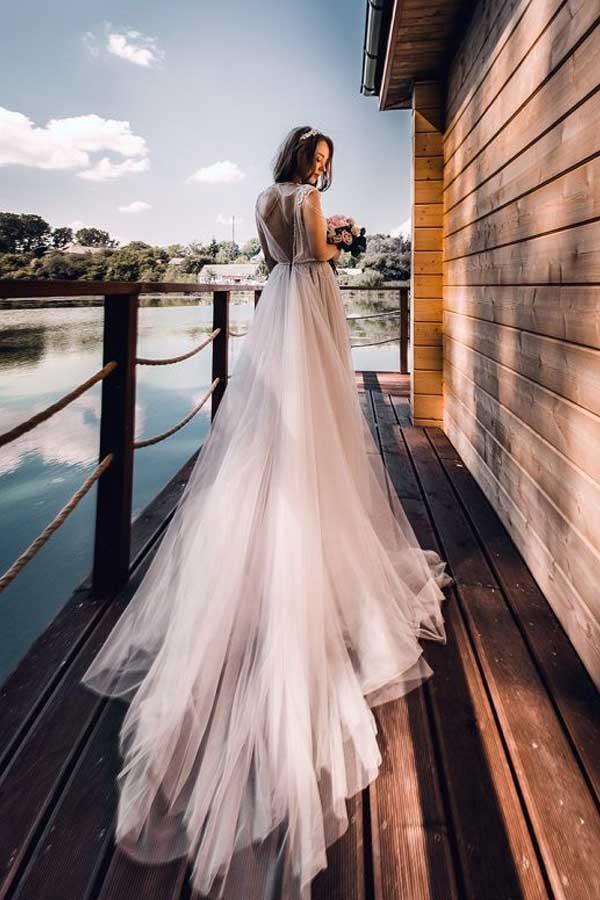 Vestido de novia largo de tul plateado con mangas cortas y corte en A WD323