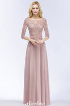 Vestido de dama de honor de gasa con apliques, corte A, mangas cortas, joya, largo hasta el suelo, con faja