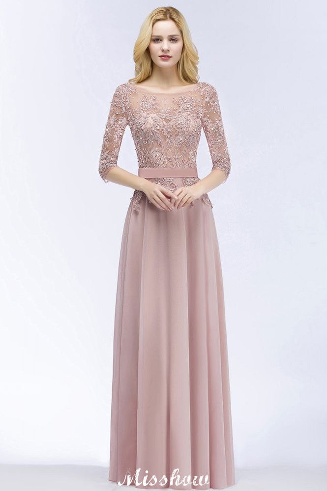Vestido de dama de honor de gasa con apliques, corte A, mangas cortas, joya, largo hasta el suelo, con faja