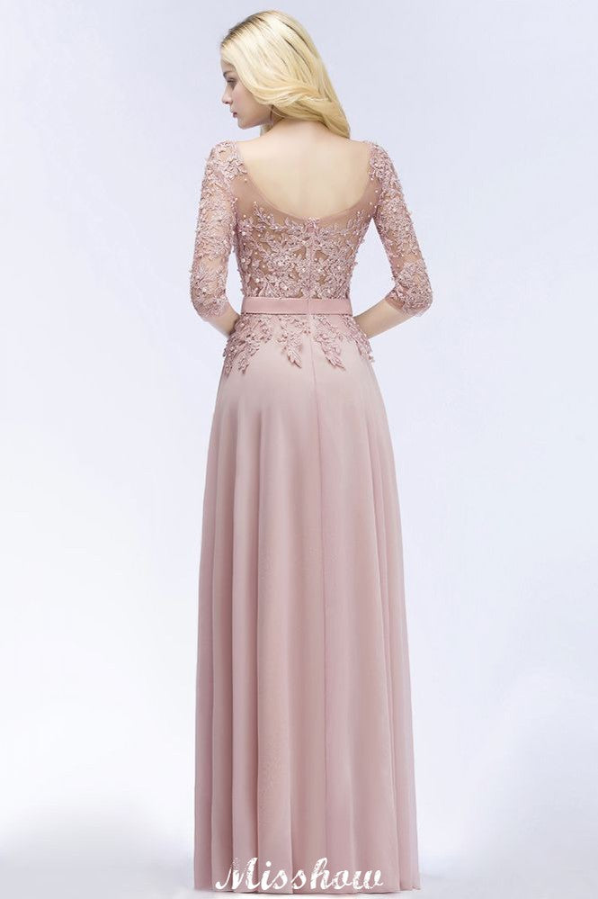 Vestido de dama de honor de gasa con apliques, corte A, mangas cortas, joya, largo hasta el suelo, con faja