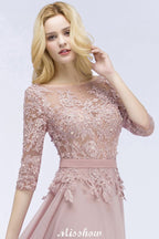 Vestido de dama de honor de gasa con apliques, corte A, mangas cortas, joya, largo hasta el suelo, con faja
