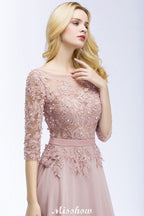 Vestido de dama de honor de gasa con apliques, corte A, mangas cortas, joya, largo hasta el suelo, con faja