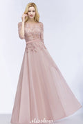 Vestido de dama de honor de gasa con apliques, corte A, mangas cortas, joya, largo hasta el suelo, con faja