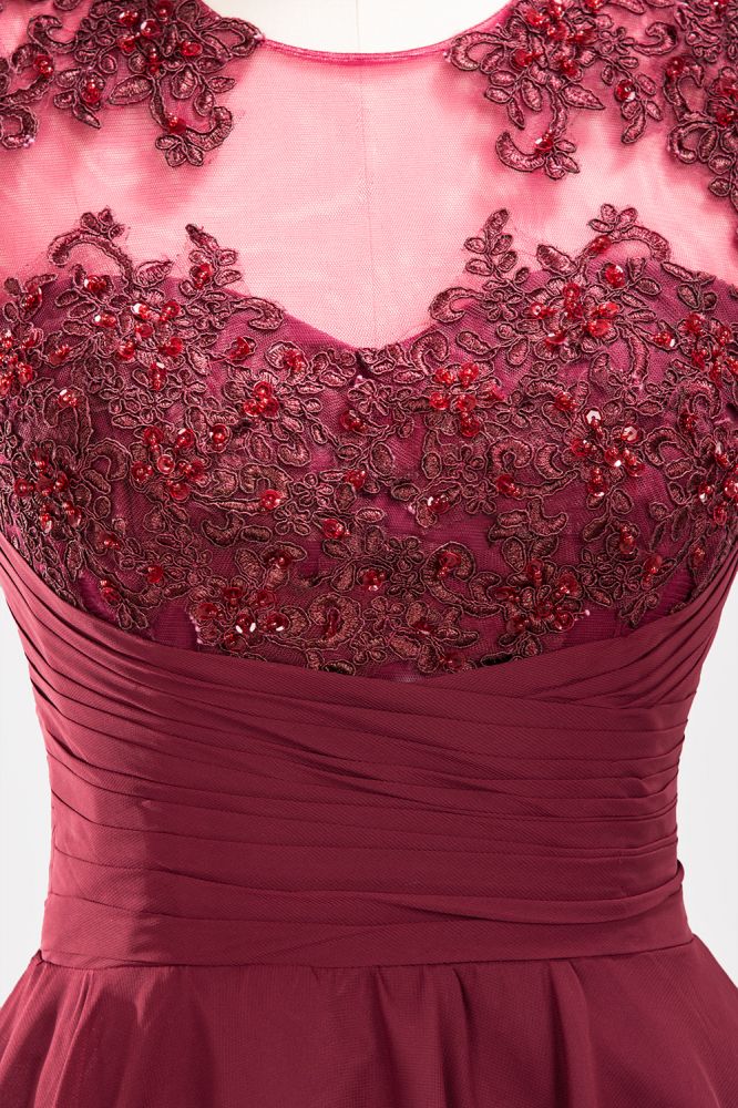 Vestidos de dama de honor de gasa con apliques, joya, sin mangas, hasta la rodilla, con volantes