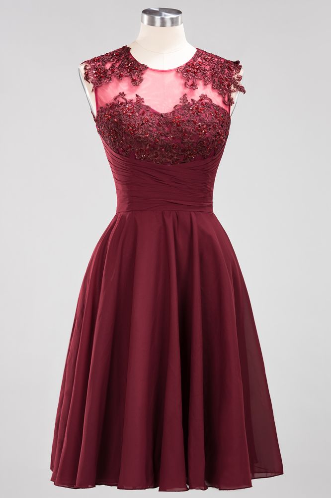 Vestidos de dama de honor de gasa con apliques, joya, sin mangas, hasta la rodilla, con volantes