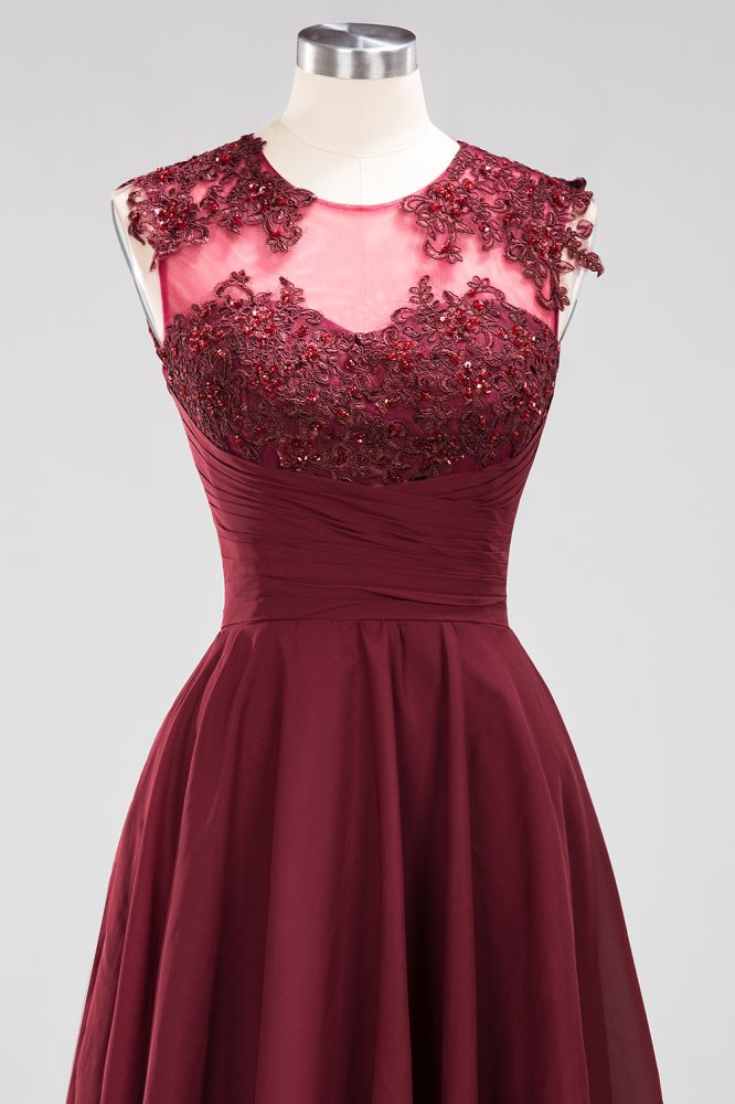 Vestidos de dama de honor de gasa con apliques, joya, sin mangas, hasta la rodilla, con volantes