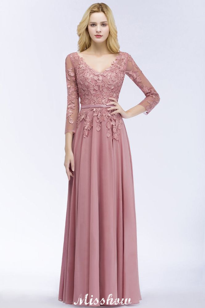 Vestido de dama de honor de gasa, corte A, largo hasta el suelo, con apliques, escote en V y mangas largas.