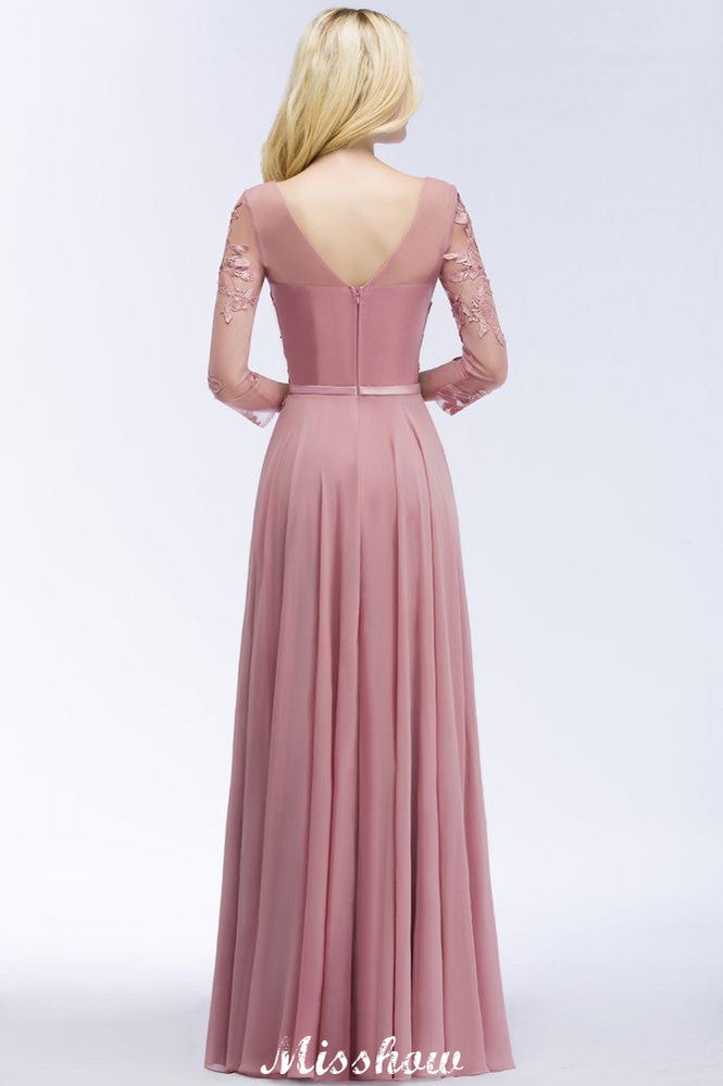 Vestido de dama de honor de gasa, corte A, largo hasta el suelo, con apliques, escote en V y mangas largas.
