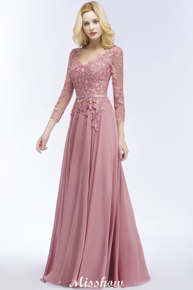 Vestido de dama de honor de gasa, corte A, largo hasta el suelo, con apliques, escote en V y mangas largas.