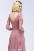 Vestido de dama de honor de gasa, corte A, largo hasta el suelo, con apliques, escote en V y mangas largas.