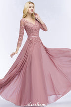 Vestido de dama de honor de gasa, corte A, largo hasta el suelo, con apliques, escote en V y mangas largas.