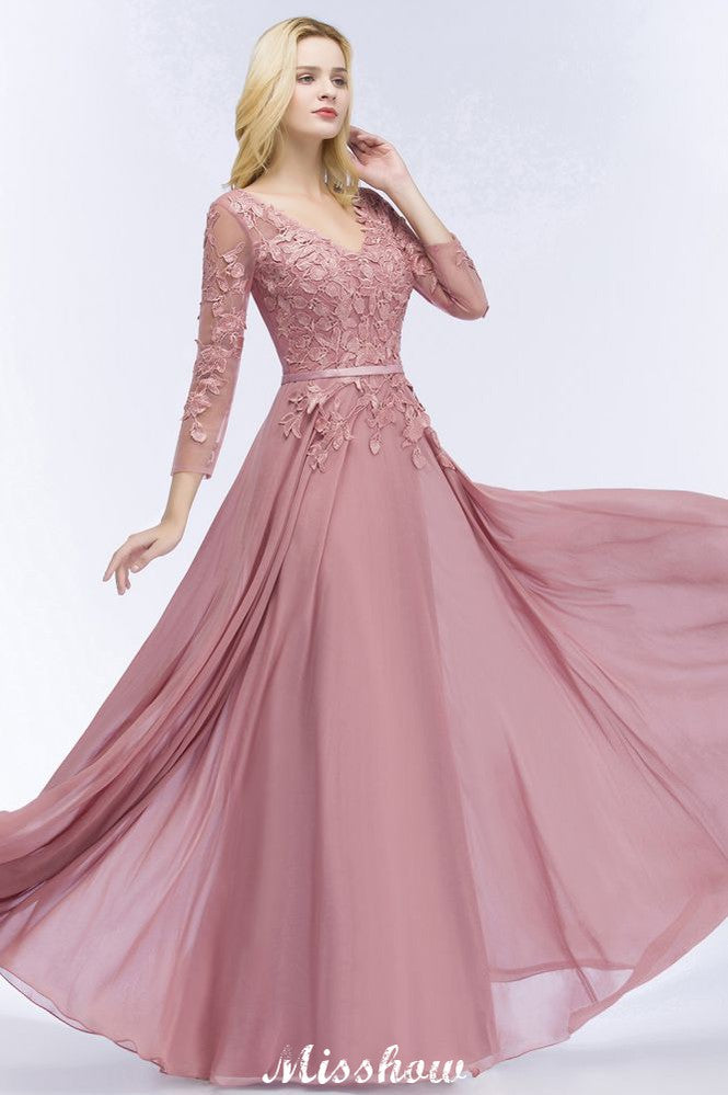 Vestido de dama de honor de gasa, corte A, largo hasta el suelo, con apliques, escote en V y mangas largas.