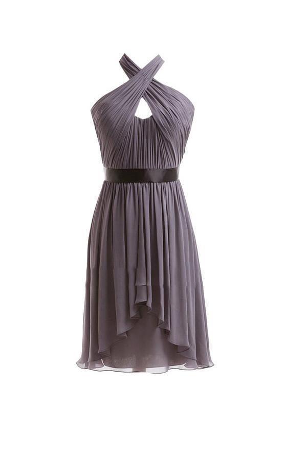 Vestido de dama de honor de corte A, de gasa, con cuello halter, fruncido y faja, corte alto bajo, BD016