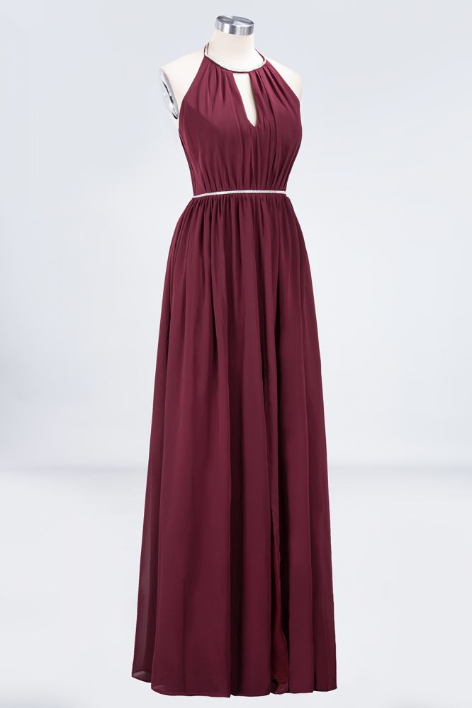 Vestido de dama de honor de gasa con corte A, cuello halter, sin mangas, largo hasta el suelo, con faja de cuentas
