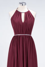 Vestido de dama de honor de gasa con corte A, cuello halter, sin mangas, largo hasta el suelo, con faja de cuentas