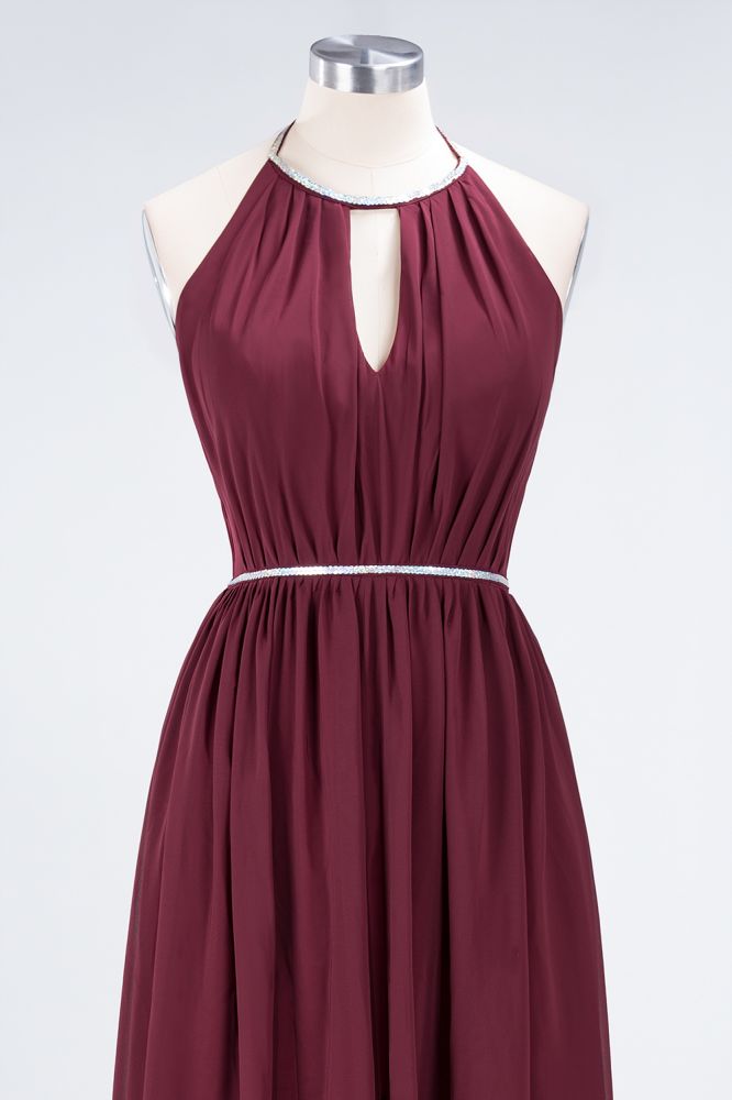 Vestido de dama de honor de gasa con corte A, cuello halter, sin mangas, largo hasta el suelo, con faja de cuentas