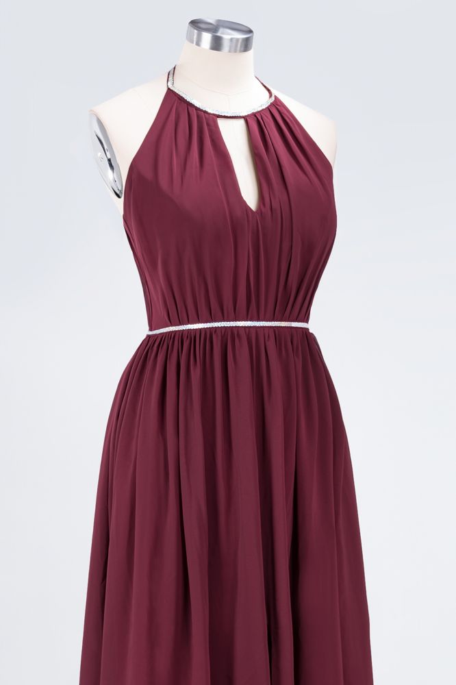Vestido de dama de honor de gasa con corte A, cuello halter, sin mangas, largo hasta el suelo, con faja de cuentas