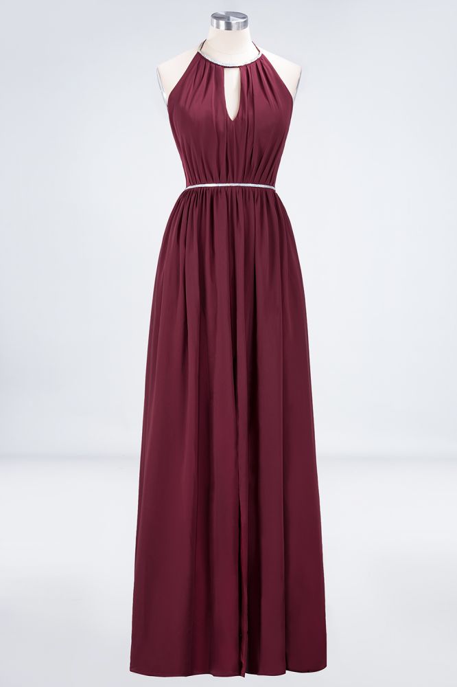 Vestido de dama de honor de gasa con corte A, cuello halter, sin mangas, largo hasta el suelo, con faja de cuentas