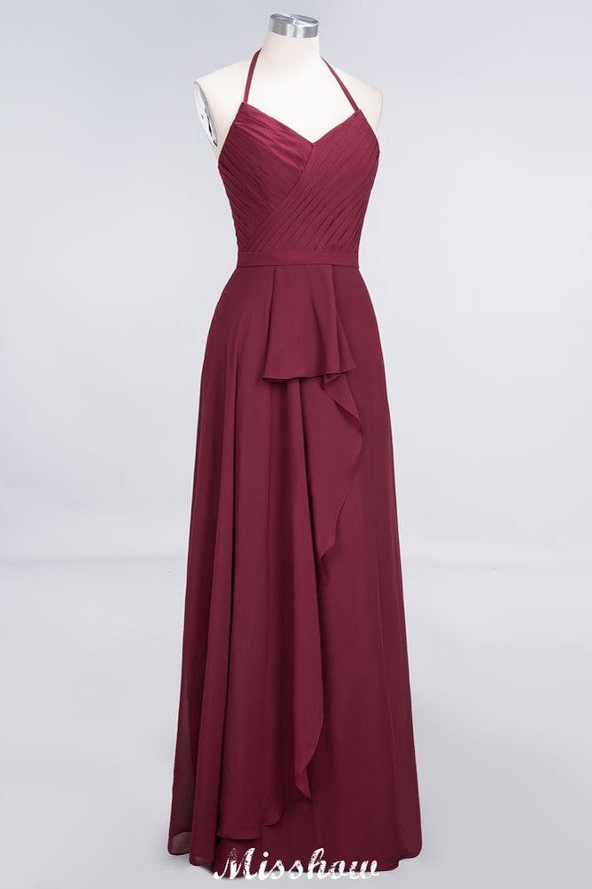 Vestido de dama de honor de gasa con escote halter, sin mangas, largo hasta el suelo, con volantes, corte A