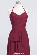 Vestido de dama de honor de gasa con escote halter, sin mangas, largo hasta el suelo, con volantes, corte A