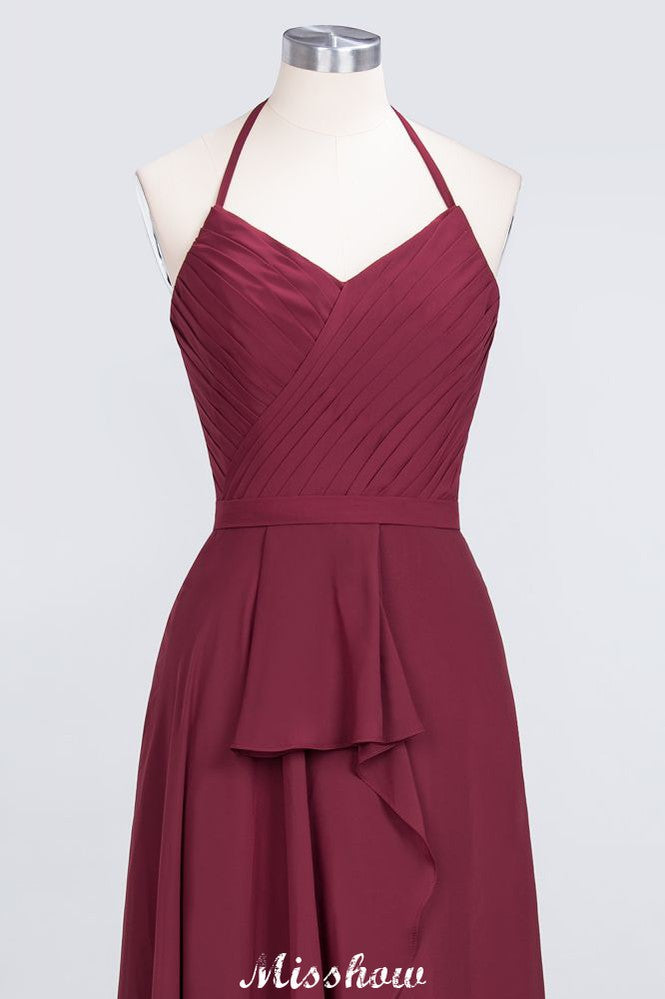 Vestido de dama de honor de gasa con escote halter, sin mangas, largo hasta el suelo, con volantes, corte A