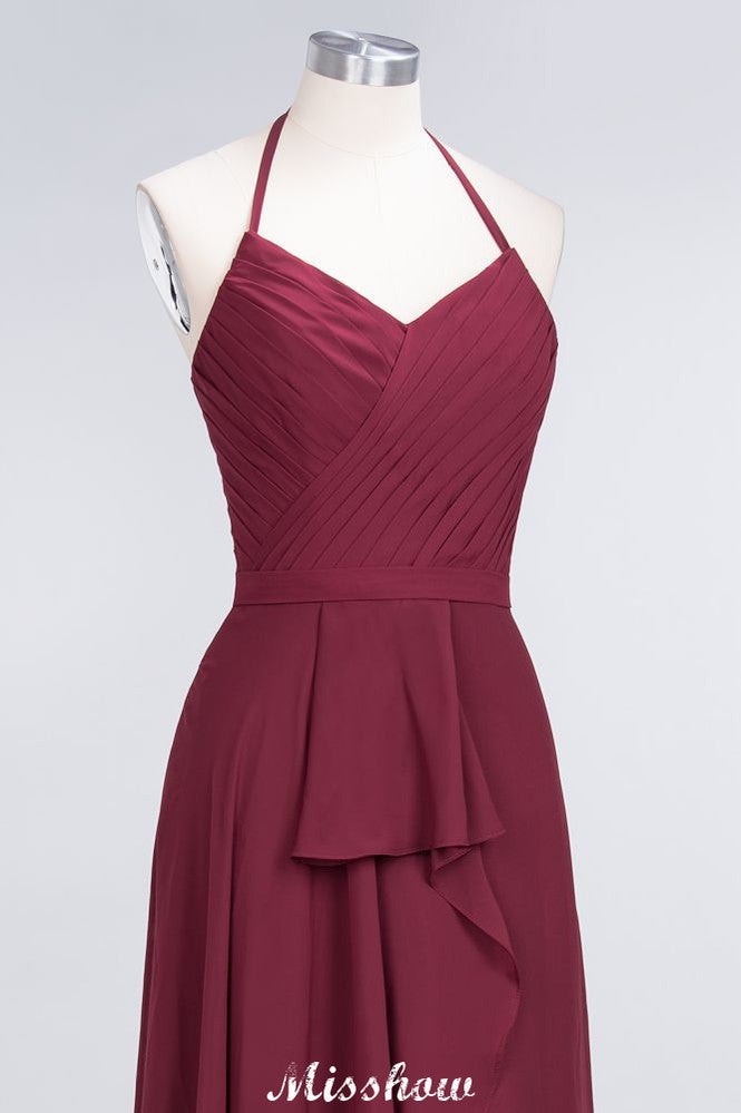 Vestido de dama de honor de gasa con escote halter, sin mangas, largo hasta el suelo, con volantes, corte A