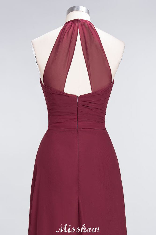 Vestido de dama de honor de gasa con escote halter, sin mangas, largo hasta el suelo, con volantes, corte A