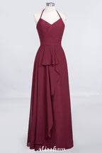 Vestido de dama de honor de gasa con escote halter, sin mangas, largo hasta el suelo, con volantes, corte A