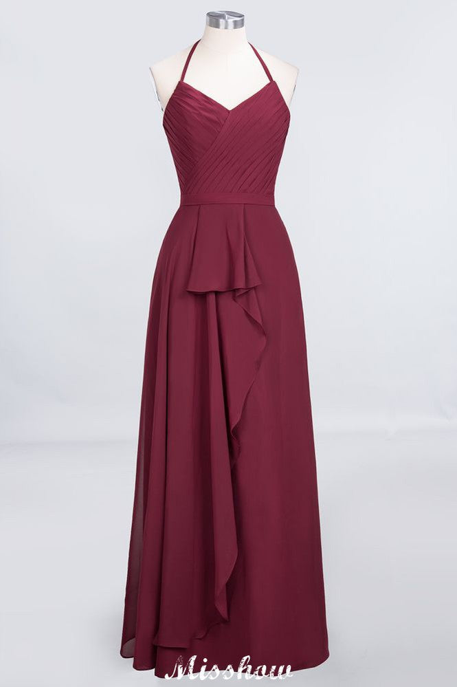 Vestido de dama de honor de gasa con escote halter, sin mangas, largo hasta el suelo, con volantes, corte A