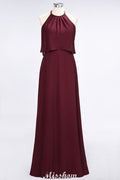 Vestido de dama de honor de gasa con corte A, sin mangas, joya, largo hasta el suelo, para eventos formales