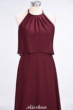 Vestido de dama de honor de gasa con corte A, sin mangas, joya, largo hasta el suelo, para eventos formales