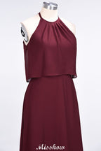 Vestido de dama de honor de gasa con corte A, sin mangas, joya, largo hasta el suelo, para eventos formales