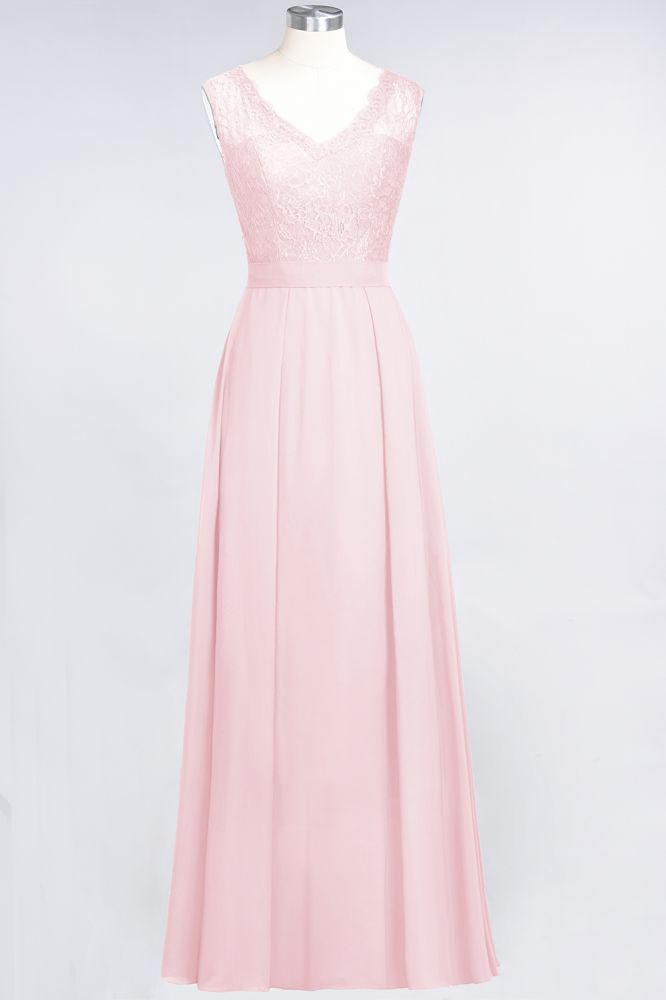 Vestidos de dama de honor de gasa con encaje, escote en V, sin mangas, hasta el suelo, con volantes