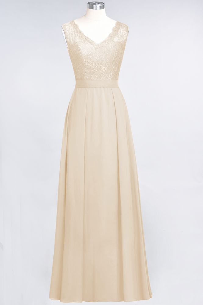 Vestidos de dama de honor de gasa con encaje, escote en V, sin mangas, hasta el suelo, con volantes