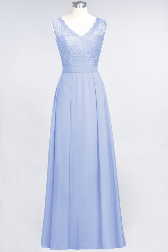 Vestidos de dama de honor de gasa con encaje, escote en V, sin mangas, hasta el suelo, con volantes