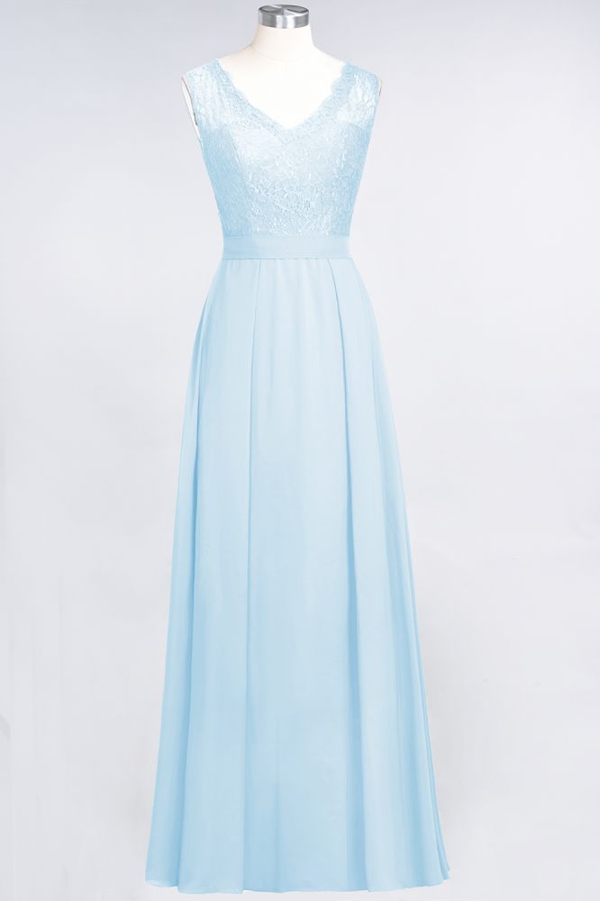 Vestidos de dama de honor de gasa con encaje, escote en V, sin mangas, hasta el suelo, con volantes