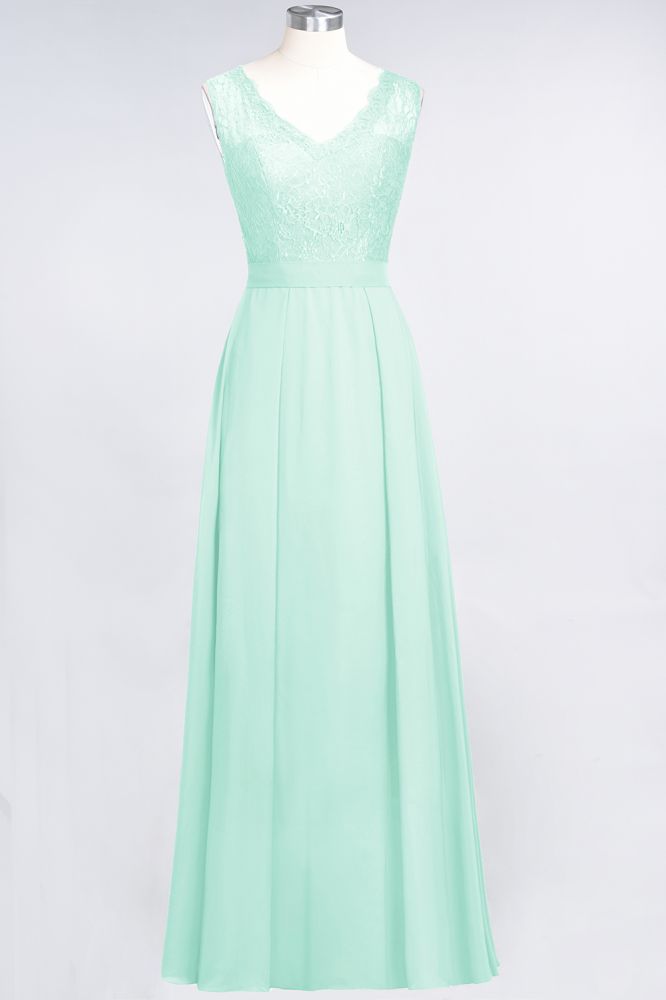 Vestidos de dama de honor de gasa con encaje, escote en V, sin mangas, hasta el suelo, con volantes