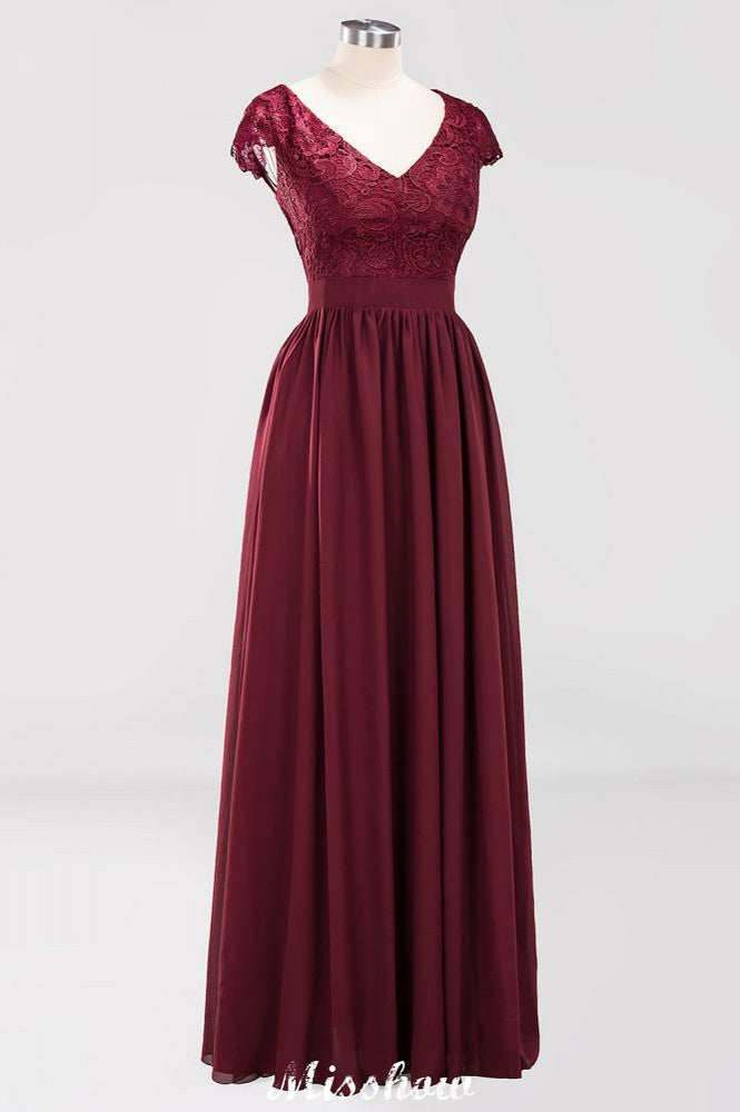 Vestidos de dama de honor de gasa con encaje, escote en V, sin mangas, hasta el suelo, con volantes