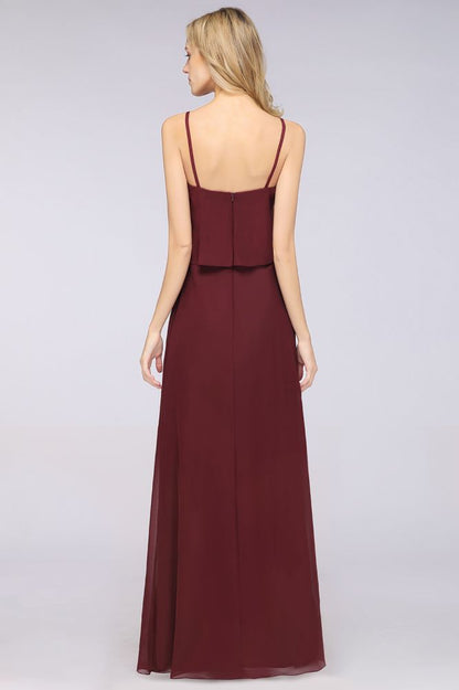 A-Line Chiffon Spaghetti V-Neck Bridesmaid Dress Sleeveless Maid of Honor Dress