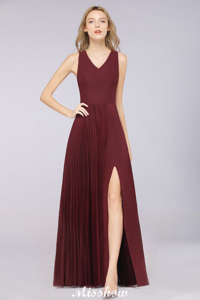Vestido de dama de honor de gasa con escote en V, sin mangas, largo hasta el suelo, con volantes y abertura lateral
