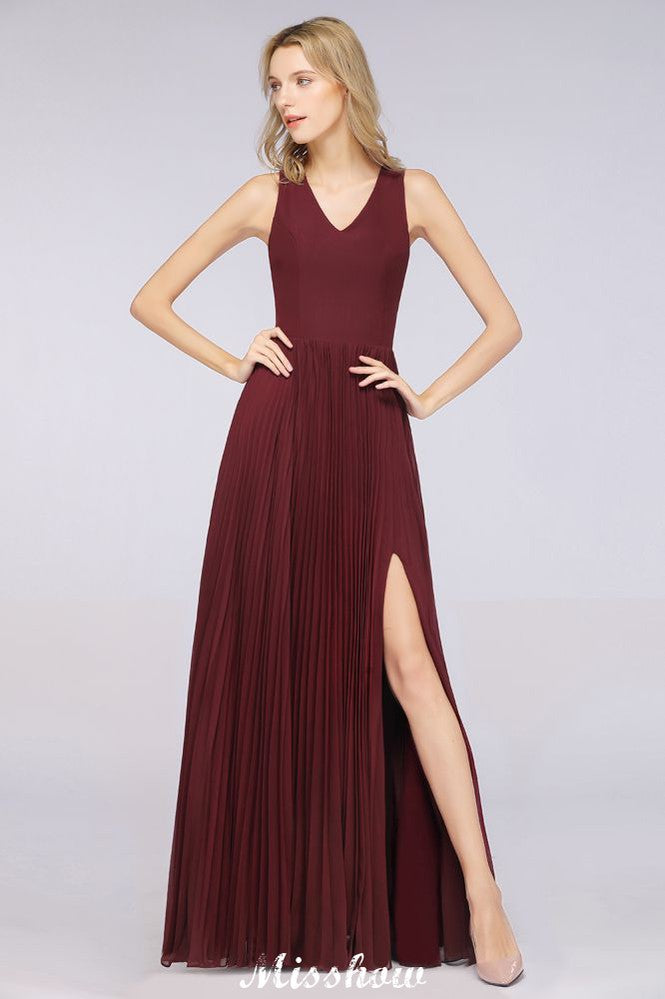 Vestido de dama de honor de gasa con escote en V, sin mangas, largo hasta el suelo, con volantes y abertura lateral