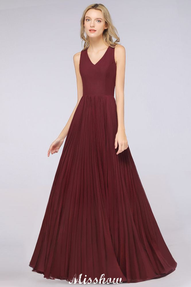 Vestido de dama de honor de gasa con escote en V, sin mangas, largo hasta el suelo, con volantes y abertura lateral