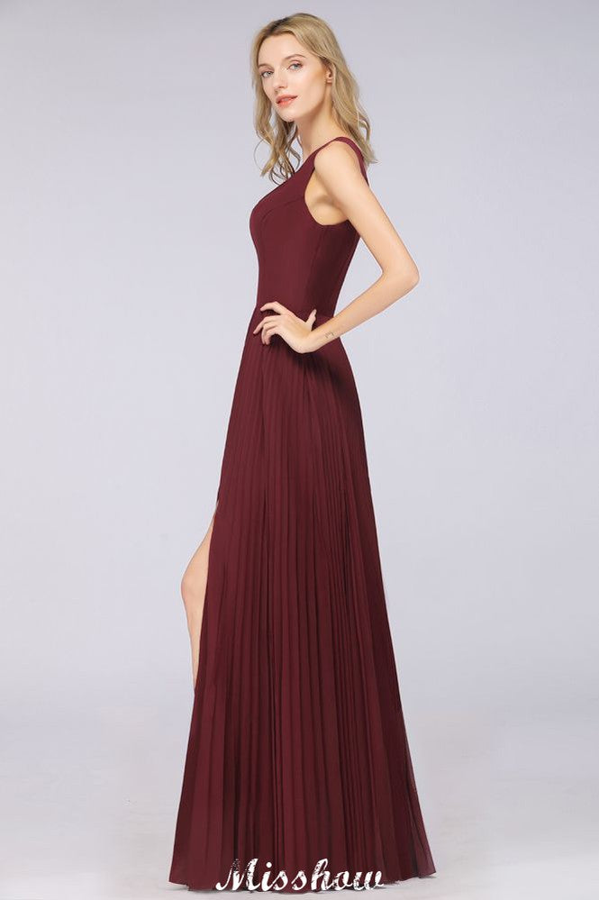 Vestido de dama de honor de gasa con escote en V, sin mangas, largo hasta el suelo, con volantes y abertura lateral