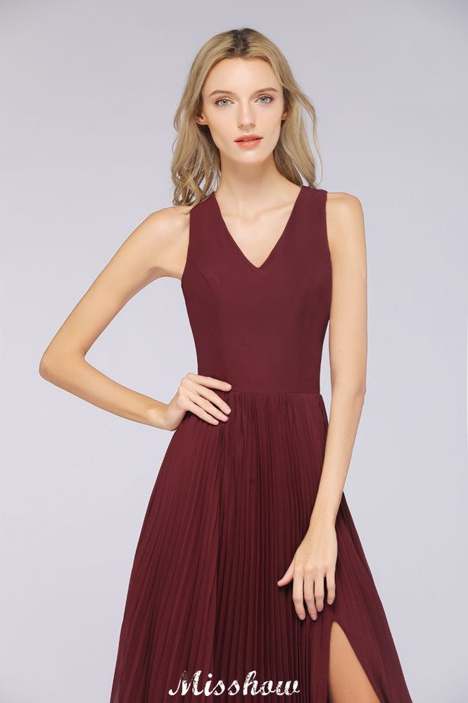 Vestido de dama de honor de gasa con escote en V, sin mangas, largo hasta el suelo, con volantes y abertura lateral