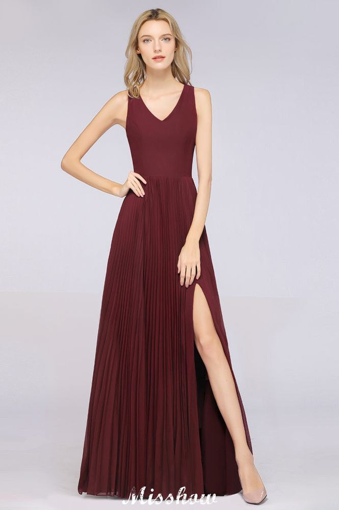 Vestido de dama de honor de gasa con escote en V, sin mangas, largo hasta el suelo, con volantes y abertura lateral