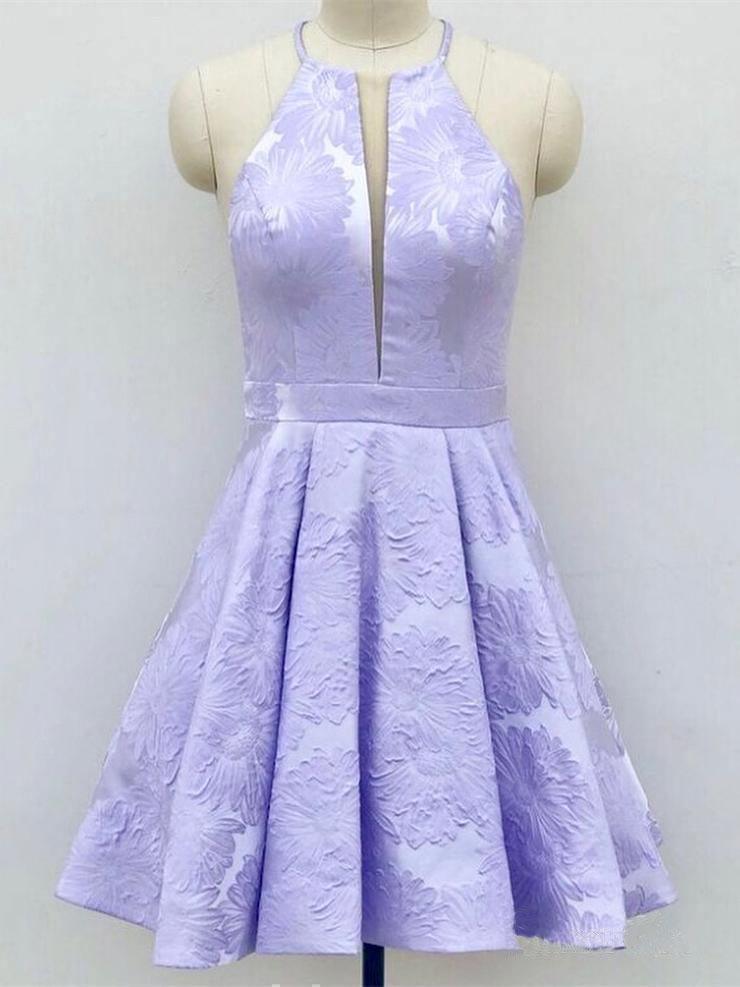 A-Linie, Rundhalsausschnitt, über dem Knie, lila Satin-Heimkehrkleid mit Taschen, PD271