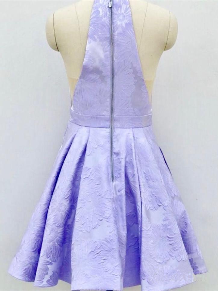 A-Linie, Rundhalsausschnitt, über dem Knie, lila Satin-Heimkehrkleid mit Taschen, PD271